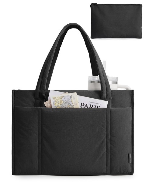bagsmart Handtasche Damen, Leicht Puffer Shopper Tasche Arbeitstasche Schwarz-image