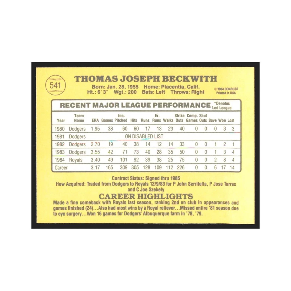 1985 Donruss Joe Beckwith Royals #541 - Image 2 of 3