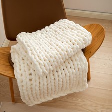 Chunky Knit Blanket Throw, Handmade Chenille Throw 40"x40", Cream Cable Knit ...