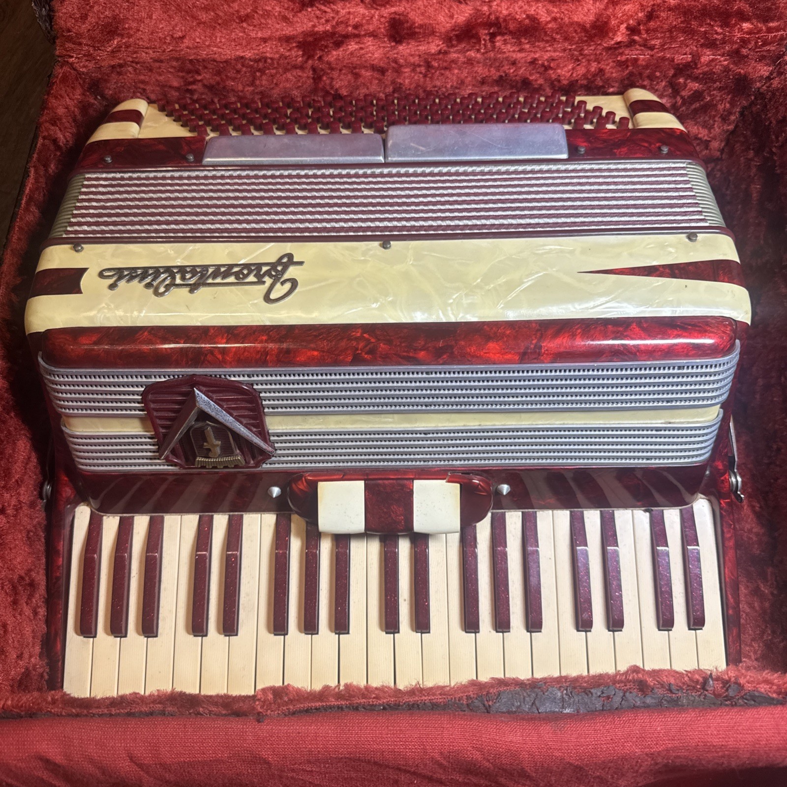 Very Nice Frontalini Vintage Accordion Red Pearl With Case