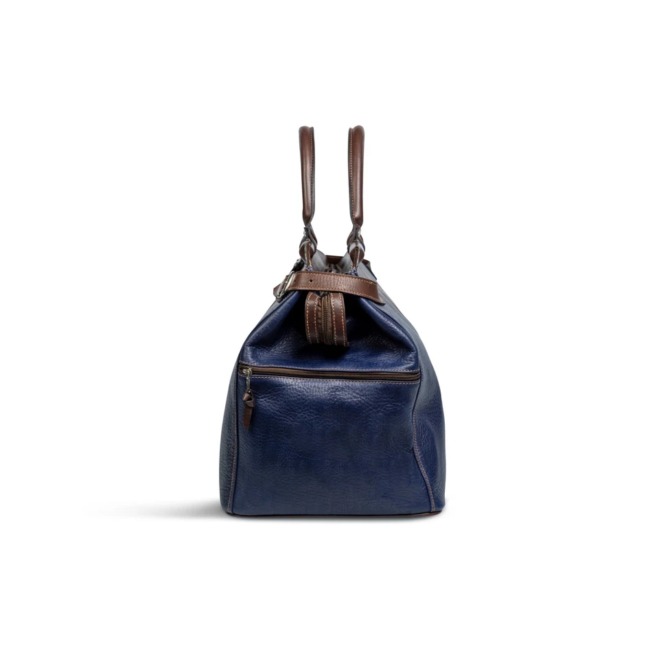 Cabrera Designer Leather Duffle Bag Blue Brown Weekend Travel Carry On - Image 4 of 4