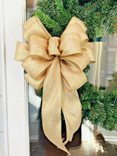 Handmade Large Sparkly Gold Christmas Bow 10 x 16 in. Bow for Wreath Holiday Bow