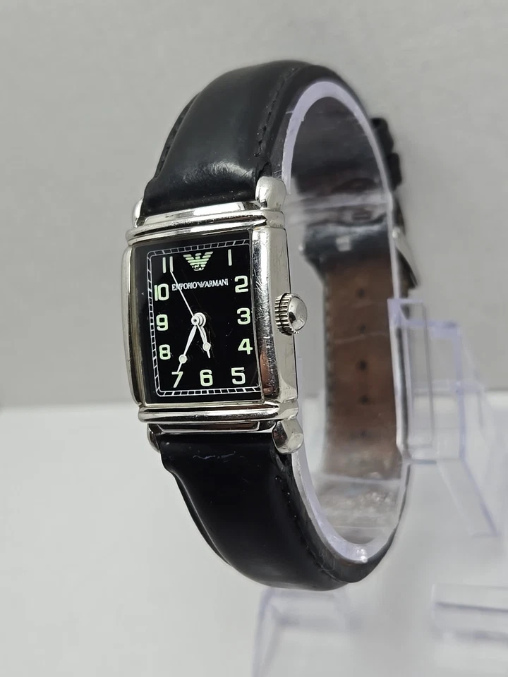 Emporio Armani AR0207 Tank Watch Black Dial Leather Strap Quartz New Battery - image 2 of 4