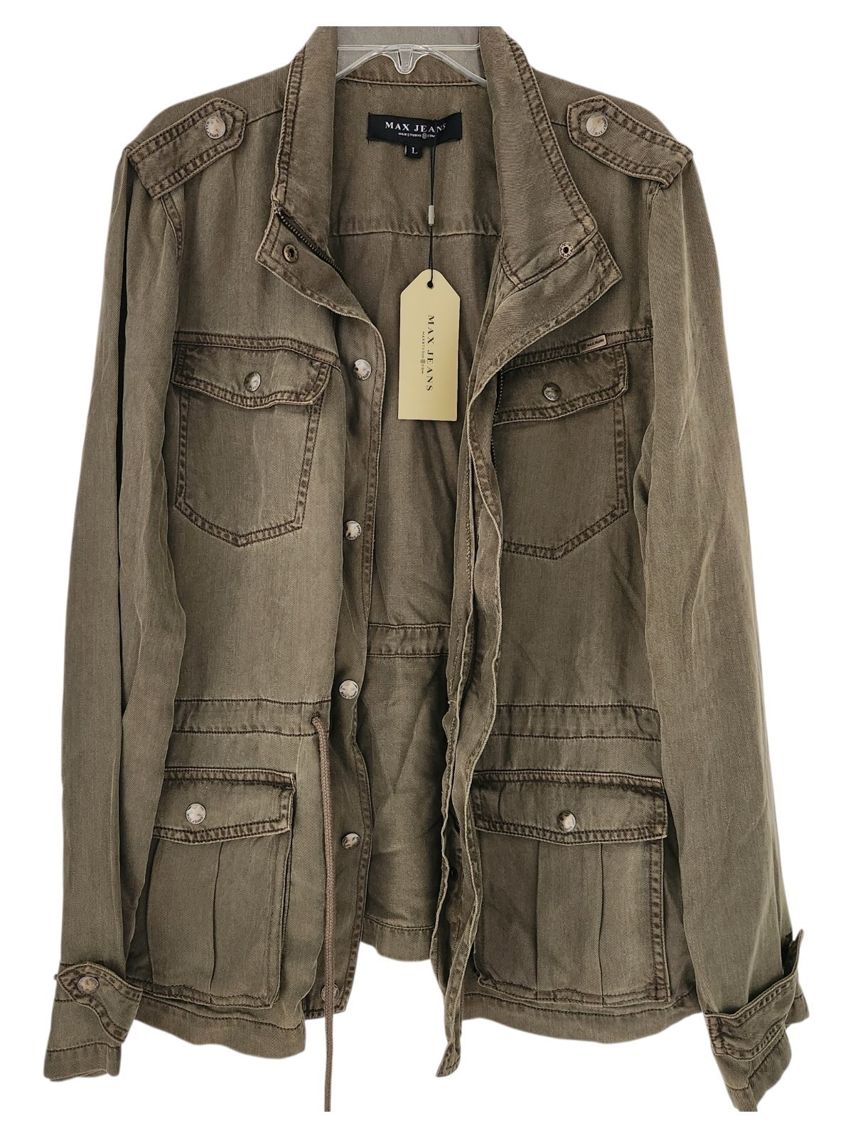 Max Jeans Olive Tencel Utility Jacket Women's L Military Cargo Safari NWT