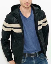 Men's Real Leather Jacket Hooded Genuine Leather Bomber Biker Hoodie Jacket Coat