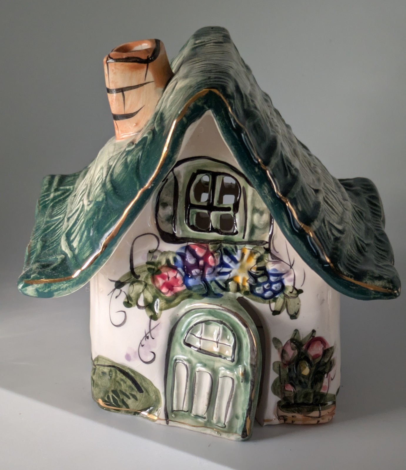 Blue Sky Clayworks Floral Cottage Tea Light Holder 2000 Signed Heather Goldminc