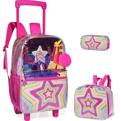 Rolling Backpack for Girls with Wheels, School Trolley Luggage, Clear Bookbag
