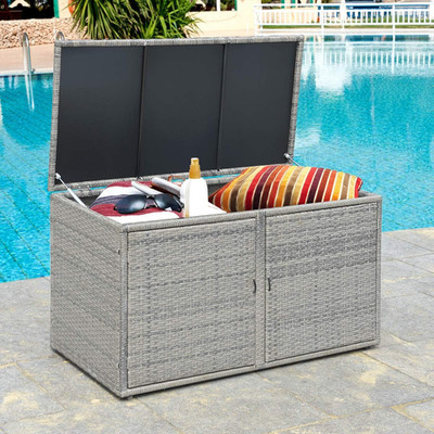 Stylish 88 Gallon Outdoor Wicker Storage Box with Lid - Grey Rattan Bin