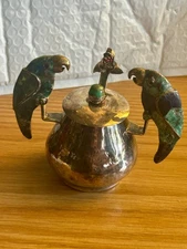 Los Castillo Mexico Taxco Sugar bowl with spoon and 2 stone birds