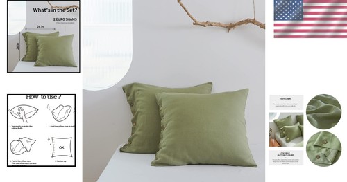 Set 2 Euro Shams in lino traspirante con bottoni cocco - 26x26 verde salvia - Foto 2 di 11