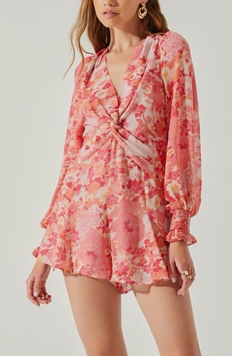 Astr the Label Chiffon Romper Size S Coral Floral Backless Long Sleeves V-Neck - Picture 3 of 17