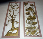 2 Vtg MCM Metal Asian Floral Flowers Wall Hanging Brass Plated 4 Seasons Plaques
