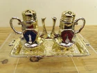 Vintage Silver Tone Metal 2 Teapots Salt & Pepper Shakers New York Empire Logo
