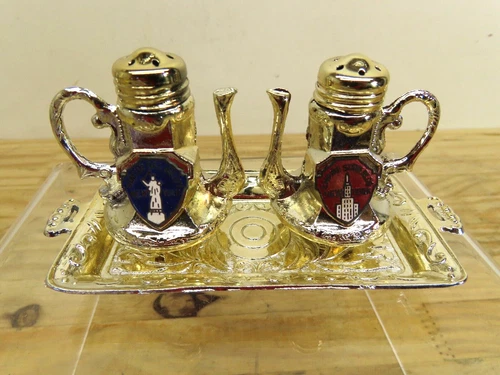 Vintage Silver Tone Metal 2 Teapots Salt & Pepper Shakers New York Empire Logo