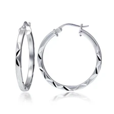 Sterling Silver 2mm Diamond Cut Square-Tube Round Hoop Earrings, 25mm