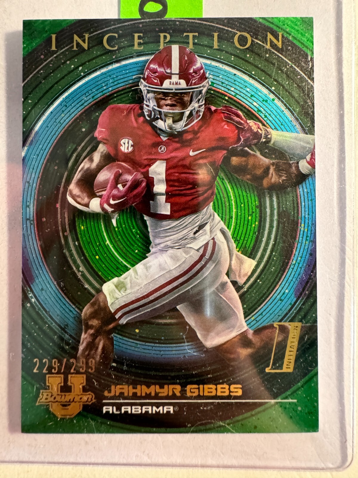 K174,686 - 2022-23 Bowman Inception University Green Foil #7 Jahmyr Gibbs #/299