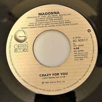 Madonna Crazy For You/ No More Words 45 RPM Record
