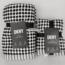 6 Piece DKNY Gingham Check 2 Hand Towels 4 Washcloths Black White