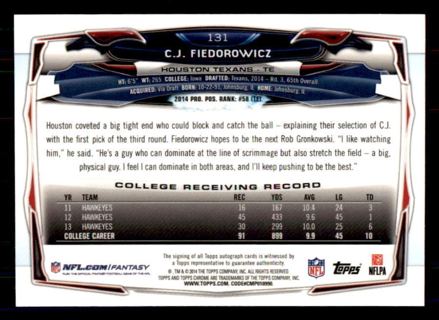 2014 Topps Chrome Mini Rookie #131 C.J. Fiedorowicz Auto (ref 6491) - Image 2 of 2