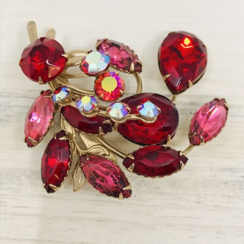 2 - VINTAGE RED PINK AB RHINESTONE NAVETTE BEAD STATEMENT PIN BROOCHES Unmarked - Picture 8 of 21