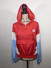 Champion Women's Nylon Warm Up Jacket Red Spark Blue White Hooded S