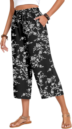Womens Capri Pants Loose High Waisted Wide Leg Lounge Pants Drawstring Casual Pa