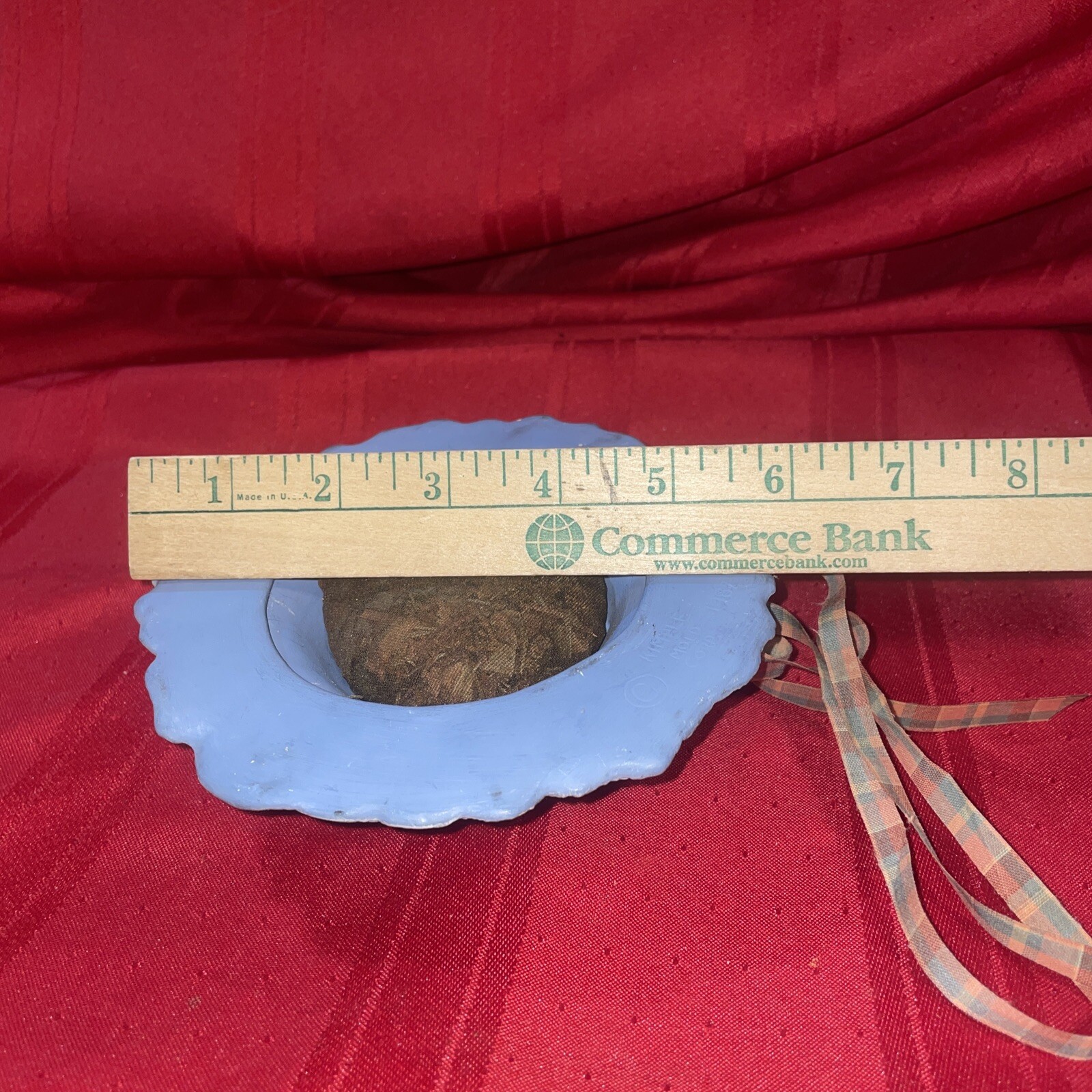Hat Pin Holder Blue with Ribbon 6” dia. 1.75” tall no damage Vintage