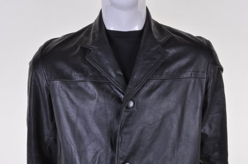 VINTAGE 70s Black Leather Button Jacket M Blazer Coat 1970s Mod - Picture 4 of 9