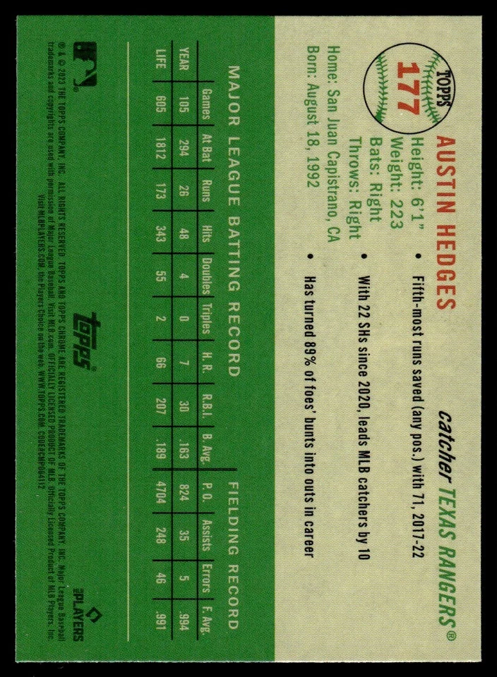 2023 TOPPS CHROME PLATINUM XFRACTOR Austin Hedges Texas Rangers #177 - Image 2 of 2