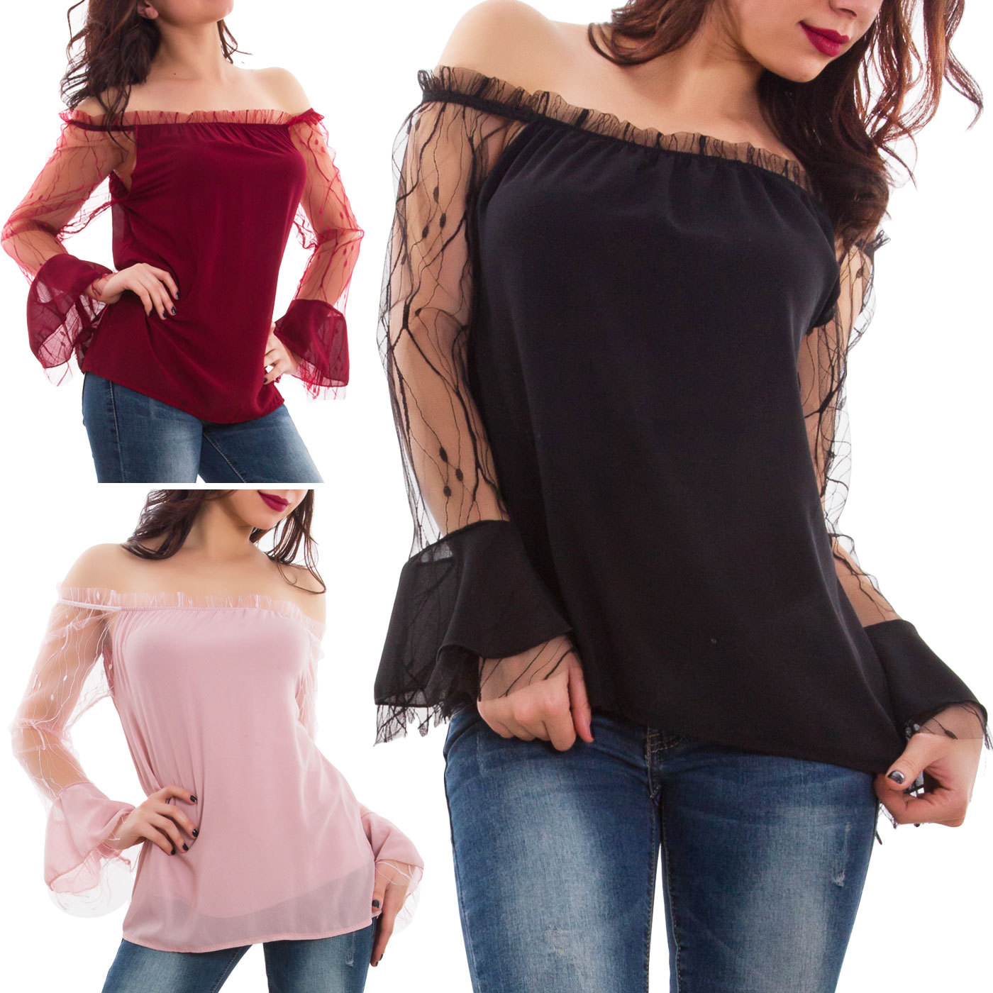 Blusa donna maglia tunica spalle nude inserti pizzo top gitana nuovo JL-3299