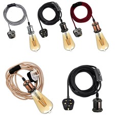 2M Fabric Flex Cable UK Plug In Pendant Lamp Light Set E27 Bulb Holder+ switch