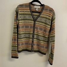 Vintage Jones New York Country Geometric Petite Merino Wool Cardigan Sweater L