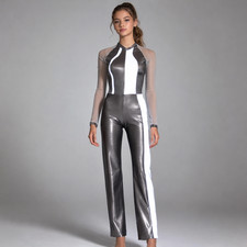 Girl's Custom Dance Costume Edgy One Piece Unitard in Silver Metallic size 12-14