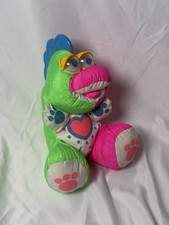 9" Fisher Price 1991 Dino Roar Baby Puffalump Dinosaur Rattle Neon Green Pink