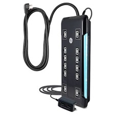 GE ULTRAPRO 12 OUTLET SURGE PROTECTOR, TETHERED 2 USB PORTS, 11824 - BLACK