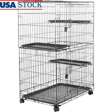 Indoor Cat Cage Playpen 3-Tier Metal Cat House W/ Locking Wheels Easy Access New
