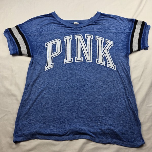 Victoria's Secret PINK Sheer Tee Women's M Varsity Jersey  Logo Blue Silver