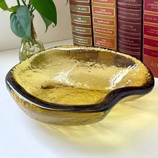 VTG BLENKO MCM Olive/Amber Thick Glass Free Form Amoeba Shape Bowl Ashtray Dish