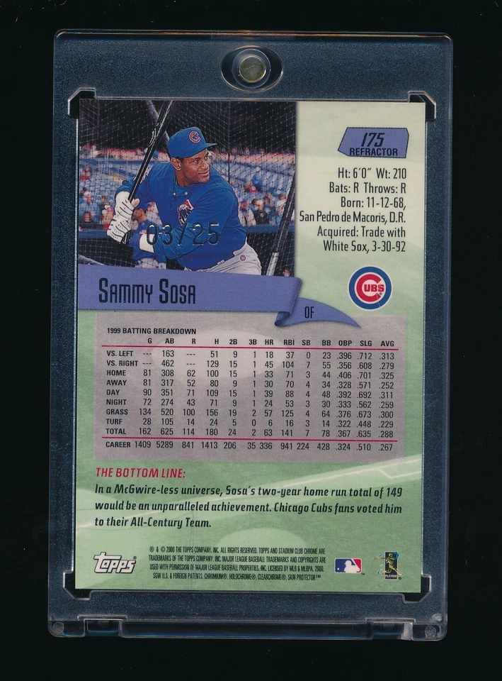 SAMMY SOSA 2000 TOPPS STADIUM CHROME FIRST DAY ISSUE REFRACTOR PARALLEL /25 CUBS - Image 2 of 2