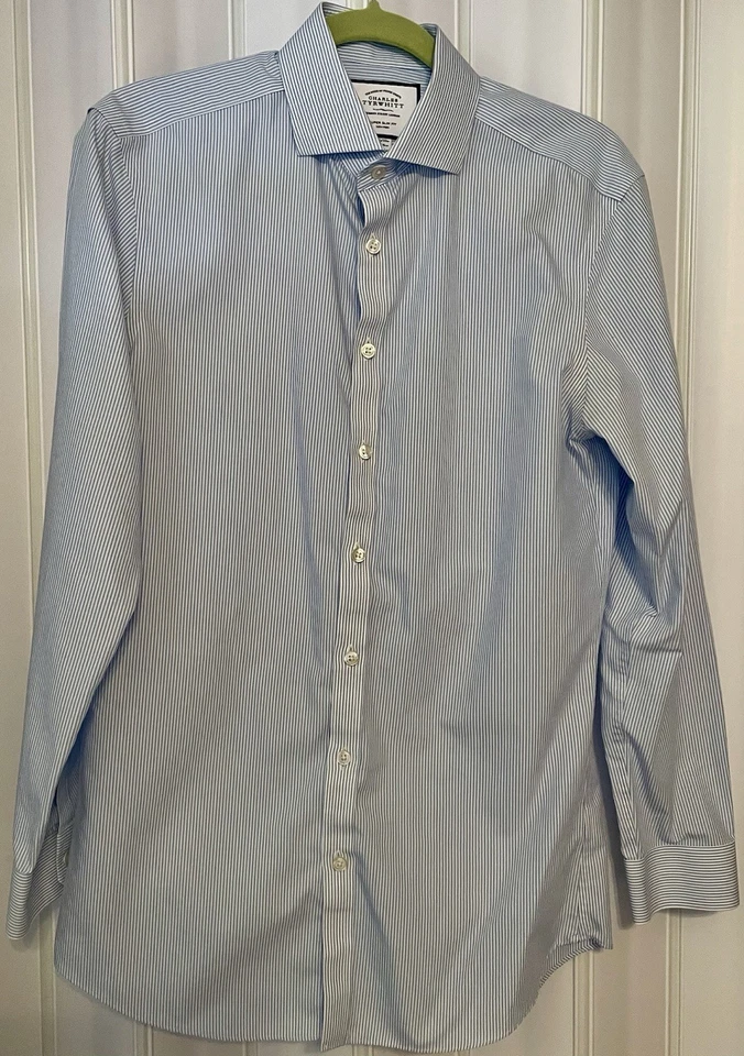 Camisa de vestir Charles Tyrwhitt para hombre•15,5/33 No•Iron SuperSlimFit azul/blanco a rayas Foto 3 de 4