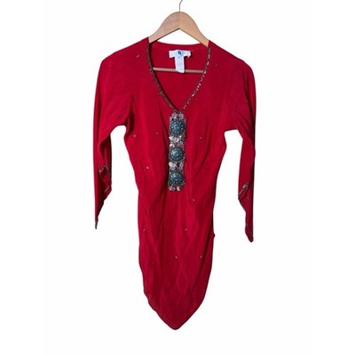 Vintage Sue Wong 100% Silk Embellished Tunic Top Ruby Red Size 6