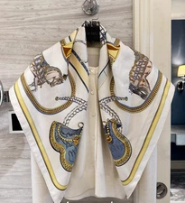 Pure 18 Momme Silk Wrap Scarf Bandanna Five horses Print Square Shawl 86X86cm