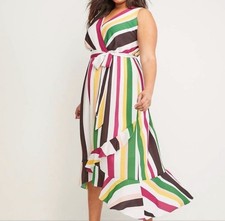 Lane Byrant Striped Faux Wrap Dress Size 28 Colorful Sleeveless V Neck  Festive