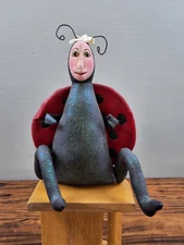 Primitive Ladybug Doll Handmade Folk Art Human Face 8 inch Sitting Wings Read