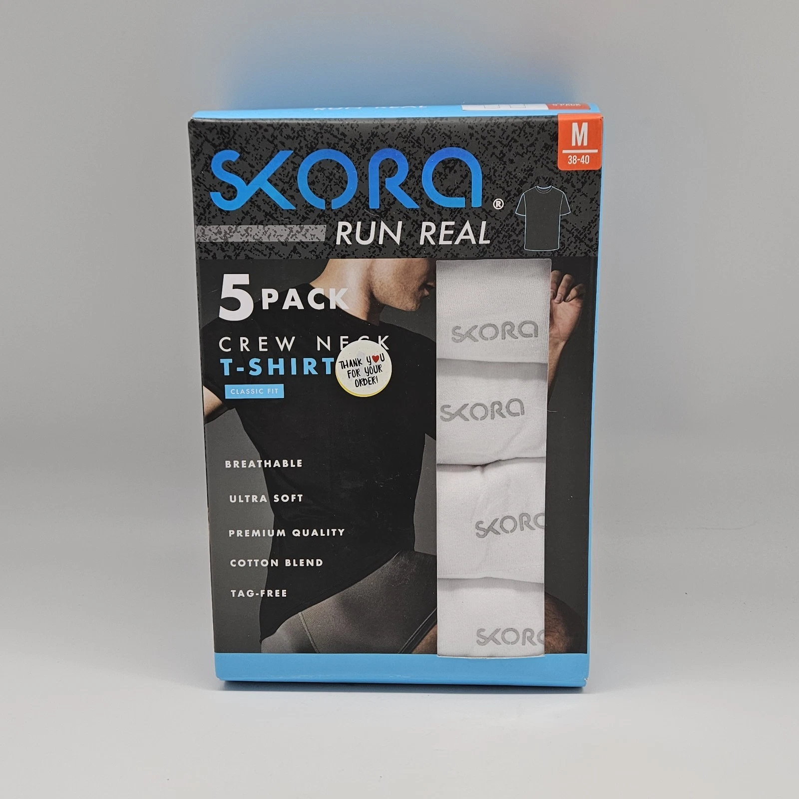 5 Pack SKORA Real Run Men’s Medium Crew Neck White Cotton T Shirts with Logo