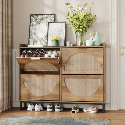 Rustic Oak Rattan Shoe Storage Cabinet with 4 Flip Drawers, Narrow Entryway