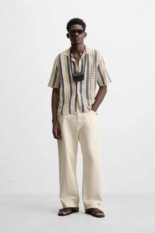 Camisa Zara Para Hombre Grande Abotonada Beige Azul Rayas Texturizada Crochet 7200/420 Nueva Con Etiquetas Foto 2 de 4
