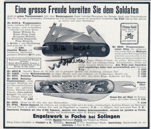FOCHE, Werbung 1915, Engelswerk Pilatus-Stahl Taschenmesser Rasierapparat - Bild 1 von 1