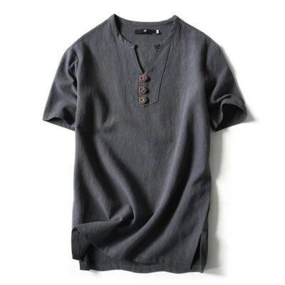 Herren Leinen Baumwollmischung Kurzarm T-Shirt Henley Hals Ethnisch Top Hemd NEU - Bild 1 von 4