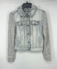 Mudd Juniors Jean Jacket Hoodie Light Wash Size Small Faux Pockets Button Up EUC